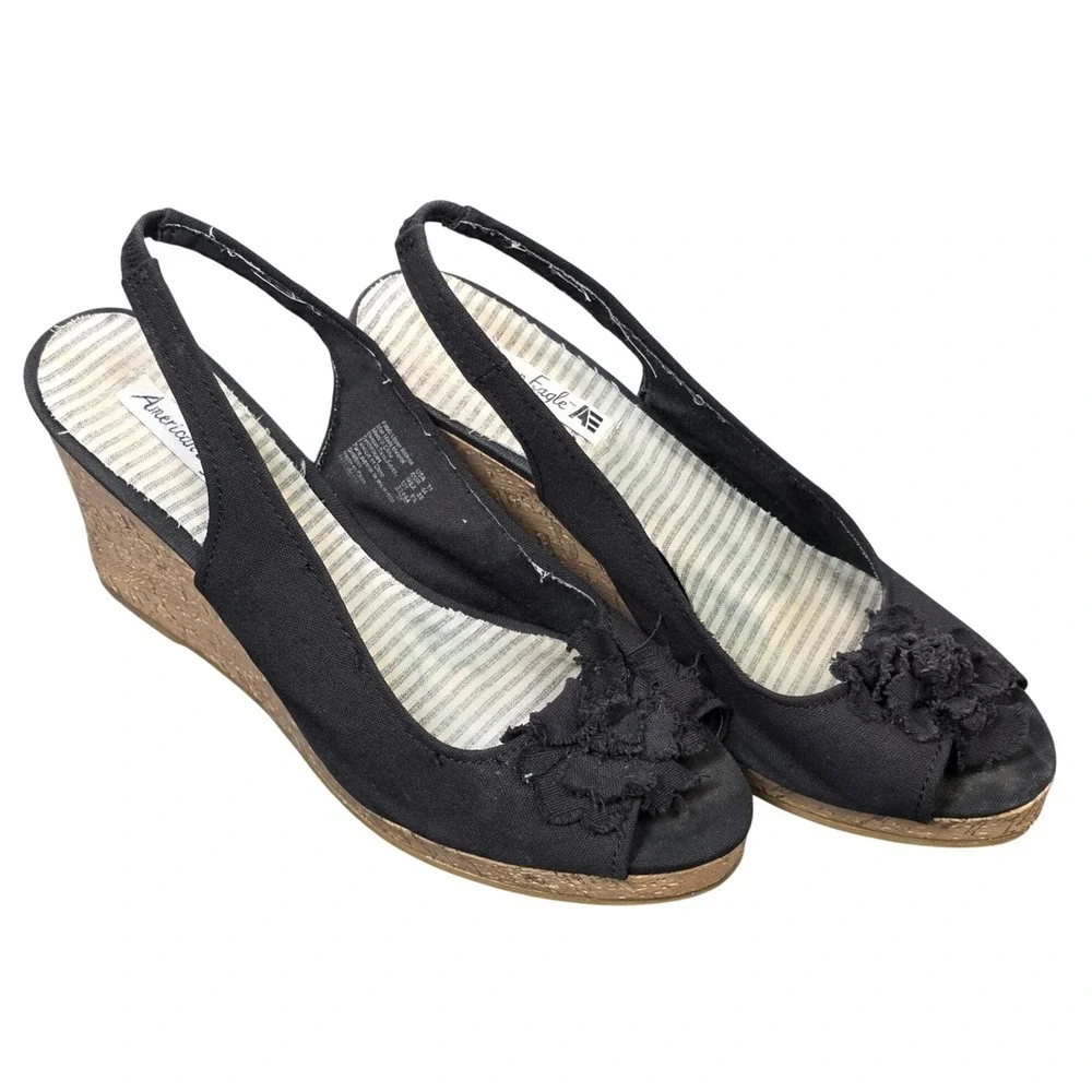 American Eagle Floral Cork Wedges Womens Size 11 Black Canvas Peep Toe Slingback